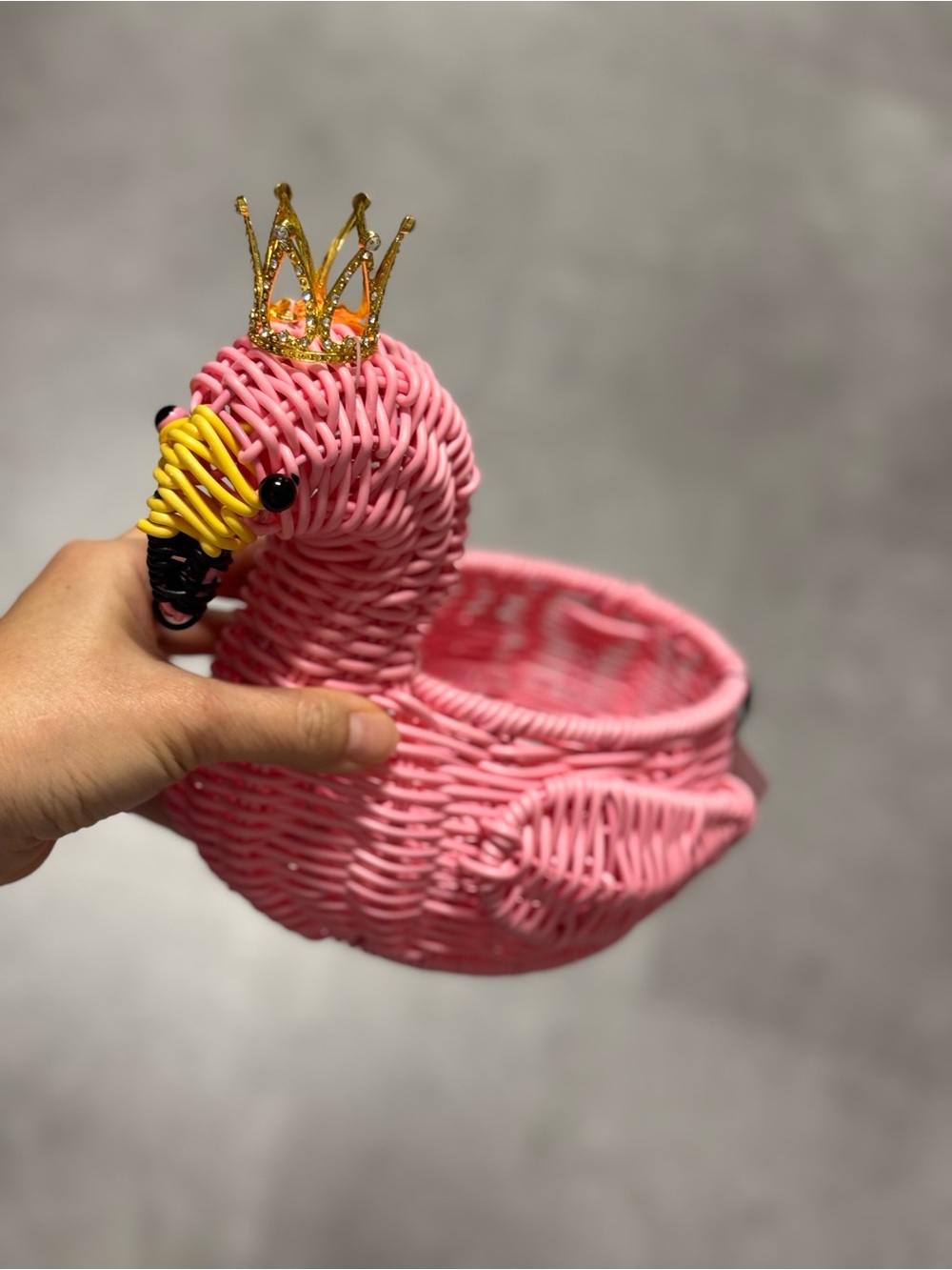 Pink Woven Swan Basket with Gold Crown